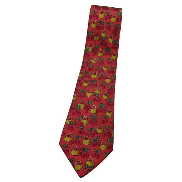 HERMÈS Men's 100% Silk Necktie LUXURY Tie 7430 HA Coral Cherry Backet W:3.5" EUC - Picture 1 of 5